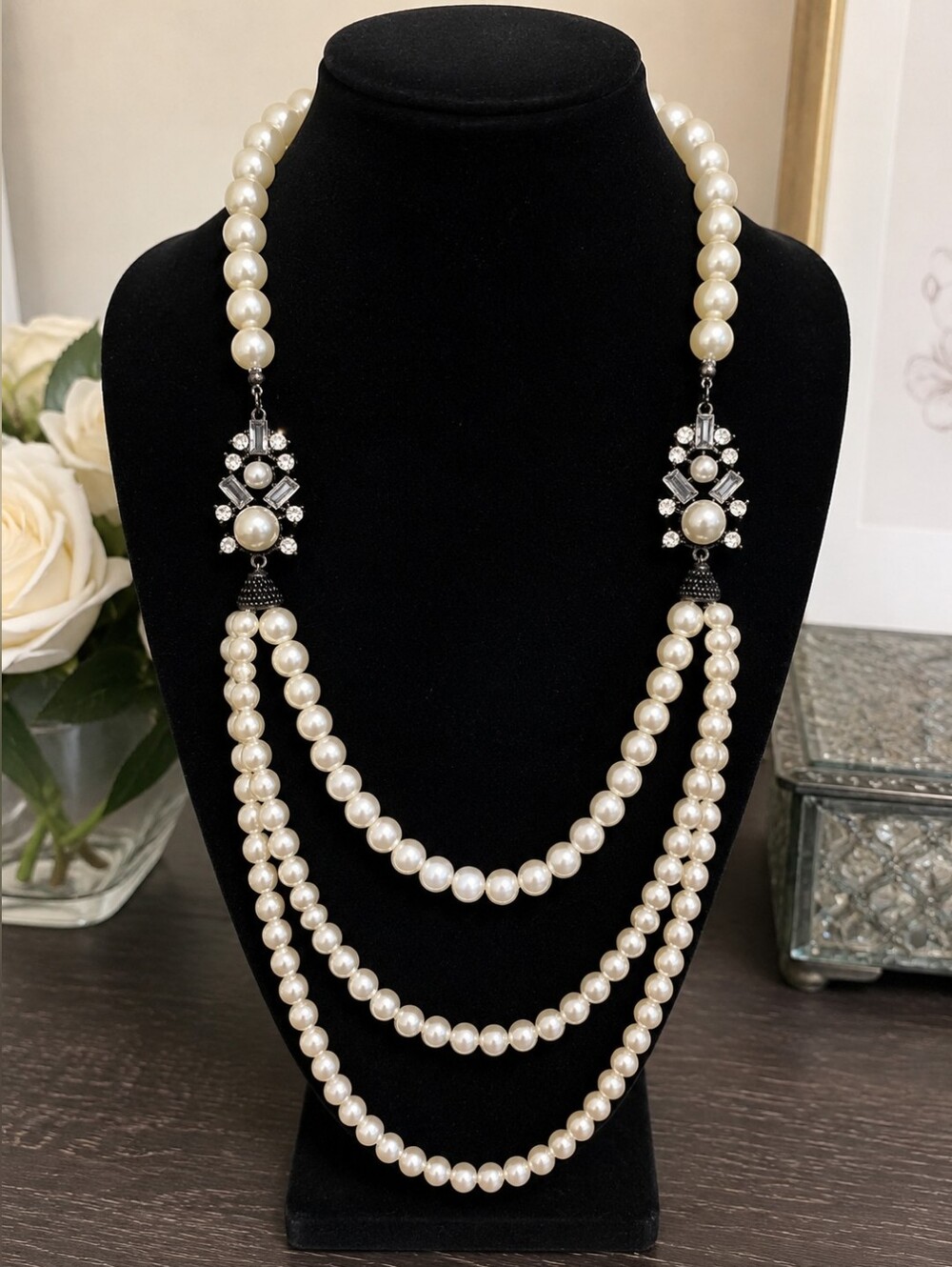 C Est 1946 Faux Pearl Multi Strand Rhinestone Statement Necklace Glam